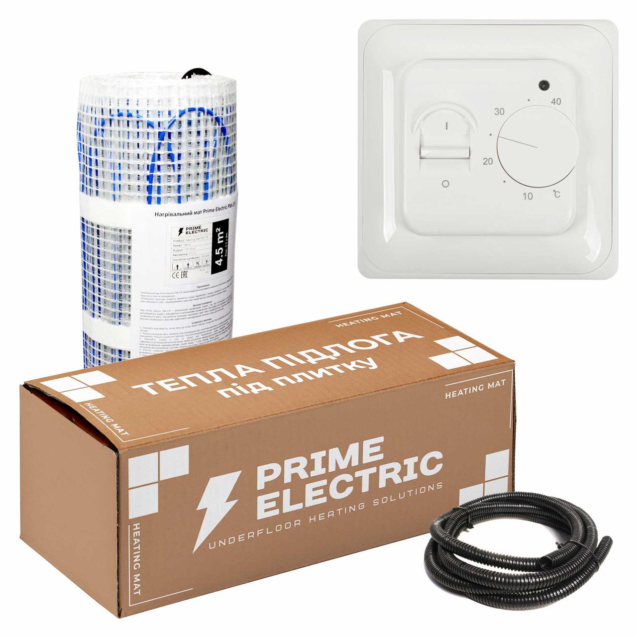 10 м² Комплект теплої підлоги Prime Electric PM-175 нагрівальний мат з механічним терморегулятором білим