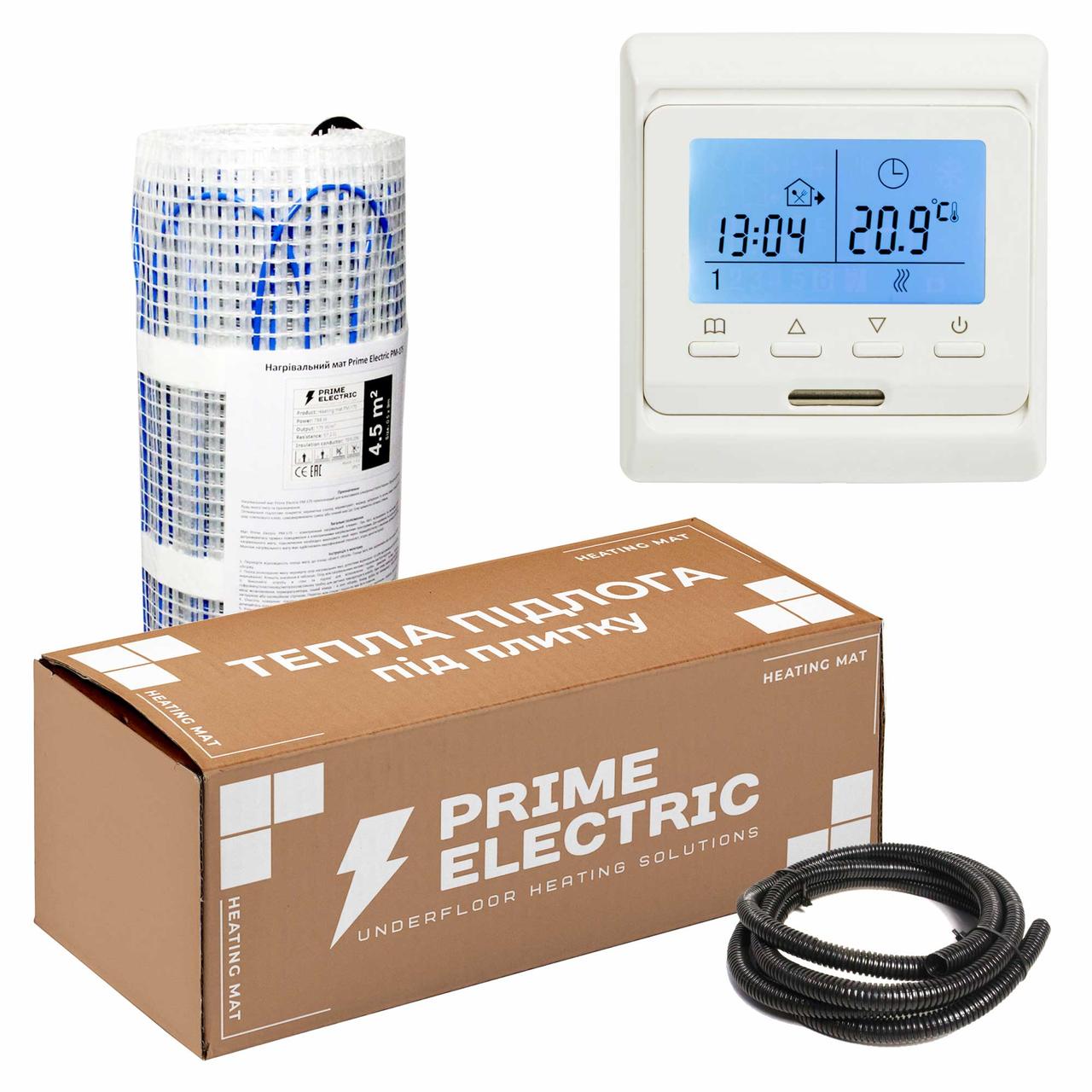 10 м² Комплект теплої підлоги Prime Electric PM-175 нагрівальний мат з програмованим терморегулятором білим