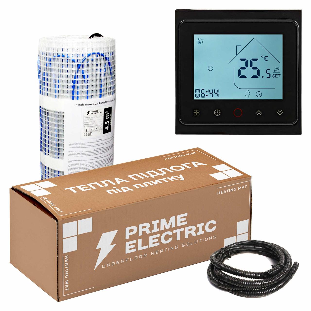 5 м² Комплект теплої підлоги Prime Electric PM-175 нагрівальний мат з програмованим WIFI терморегулятором чорним