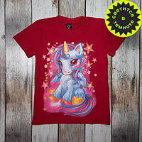 Дитяча футболка на дівчинку ЄДИНОРІГ принт світиться в темряві 152-158 червоний