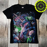 Зріст 152 Дитяча футболка ЄДИНОРІГ на дівчинку Принт світиться в темряві чорний