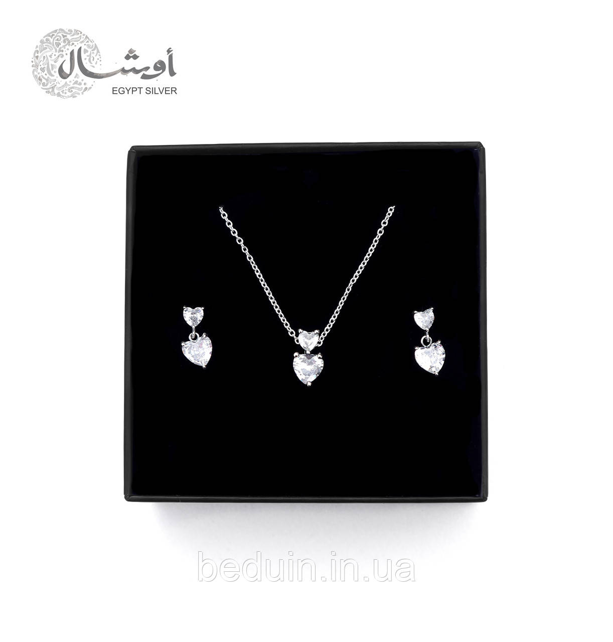 Срібний комплект прикрас пандора "Два Серця" підвіска та сережки — срібло 925 проби EGYPT SILVER, фото 1