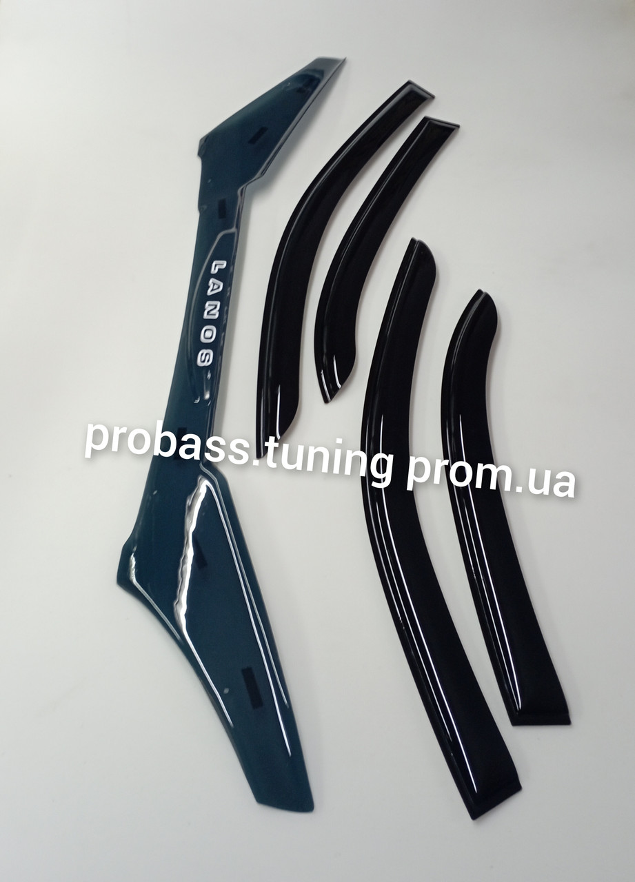 Дефлекторы окон, ветровики+ дефлектор капота мухобойка Део Ланос Daewoo sens акриловые - фото 1 - id-p2256094993
