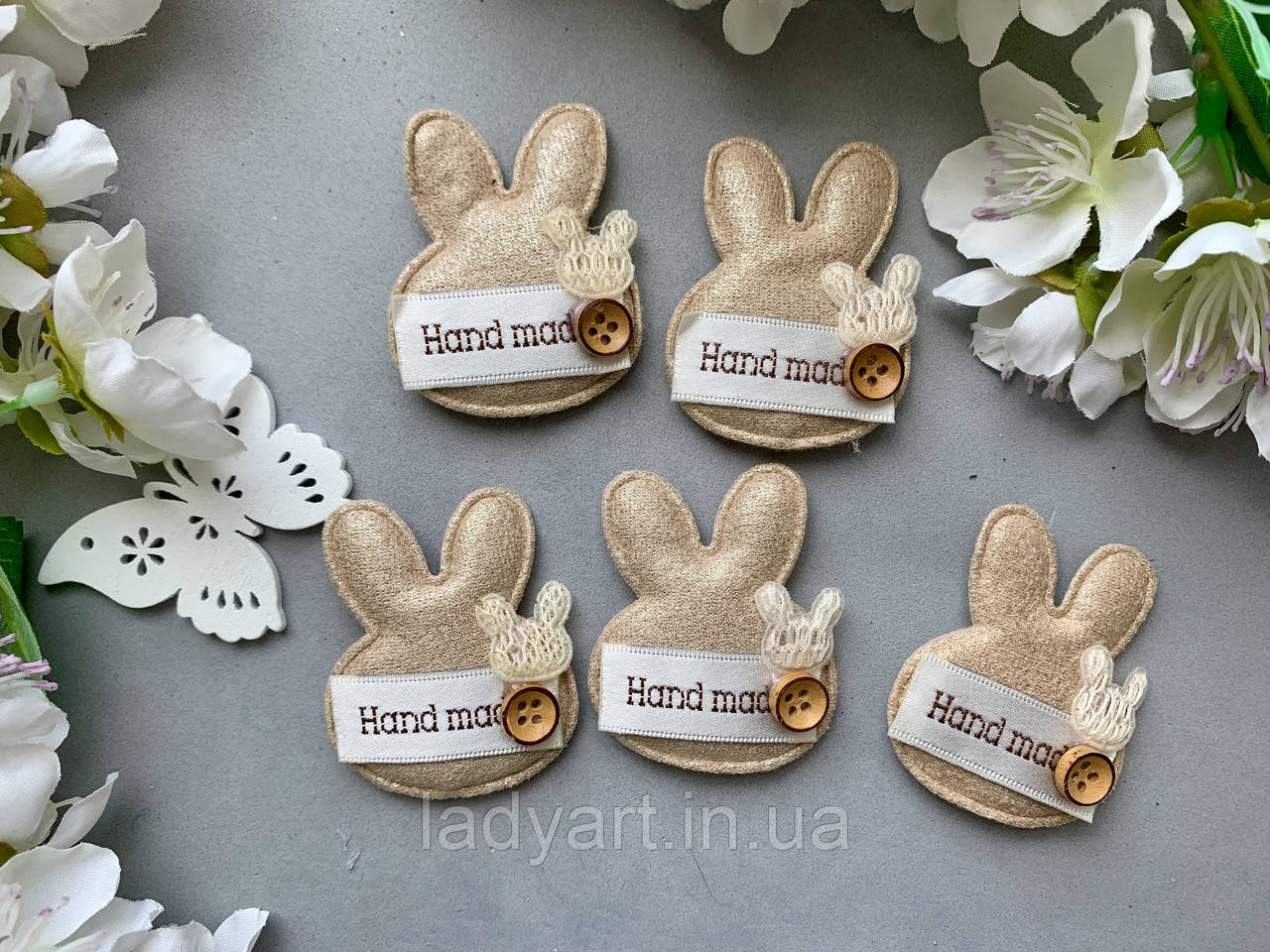 Аплікація "Зайчик з декором Hand made", 5 х 4 см, 20 шт/уп., кремового кольору, фото 1