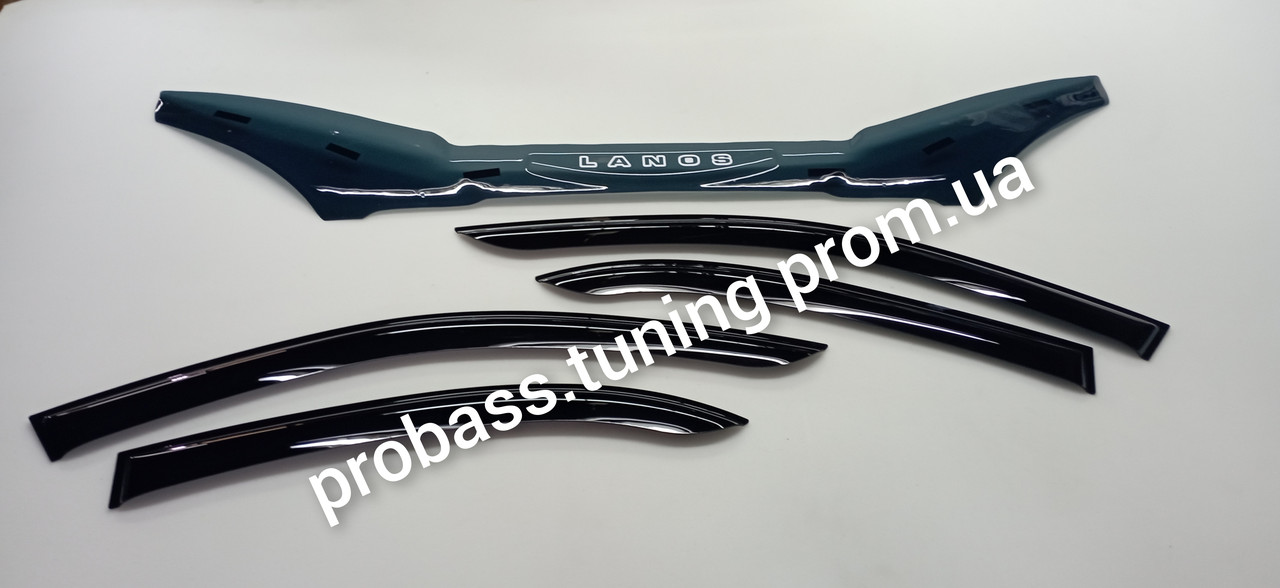 Дефлекторы окон, ветровики+ дефлектор капота мухобойка Део Сенс Daewoo sens акриловые - фото 1 - id-p2256100181