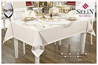 Льняная скатерть Selin Elif Set 160×350+12 салфеток кремовая