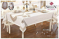 Льняная скатерть с ранером Selin Zumre Set 160×350+12 салфеток кремовая