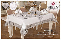 Льняная скатерть с ранером Selin Kumsal Set 160×350+12 салфеток кремовая