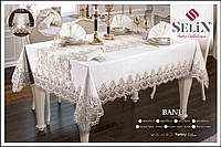 Льняная скатерть с ранером Selin Banu Set 160×350+12 салфеток кремовая