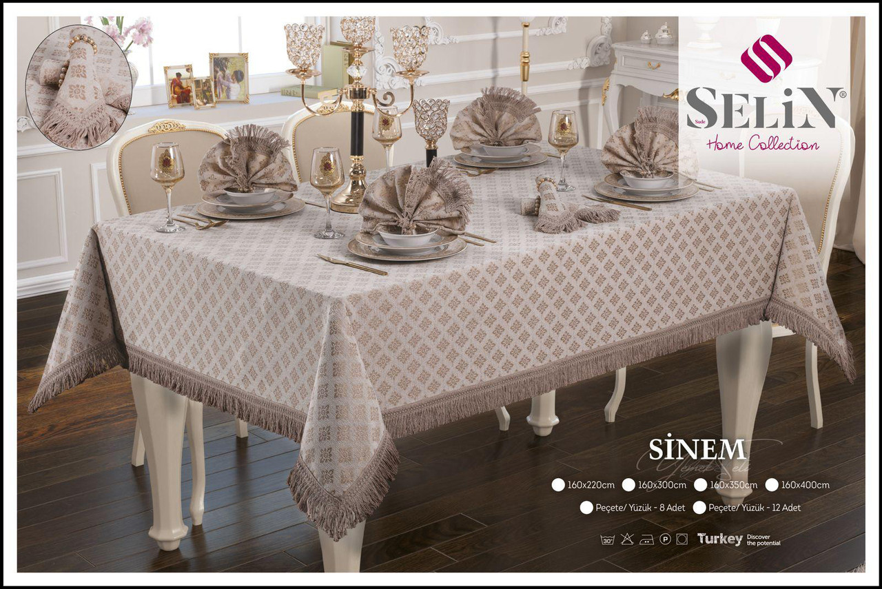 Скатертина Selin Sinem Set 160×220+8 серветок бежева, фото 1