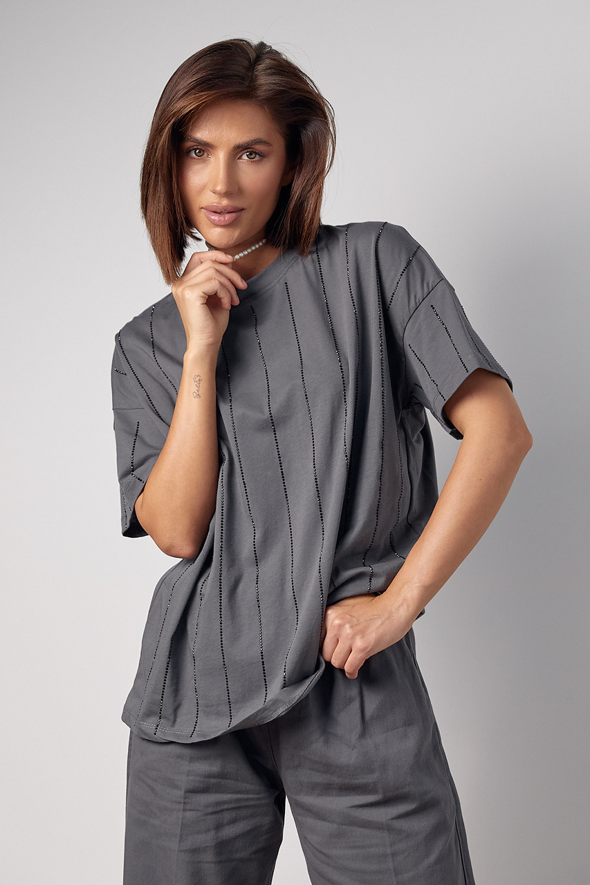 Жіноча футболка прикрашена термостразами — сірий колір, M (є розміри), фото 1