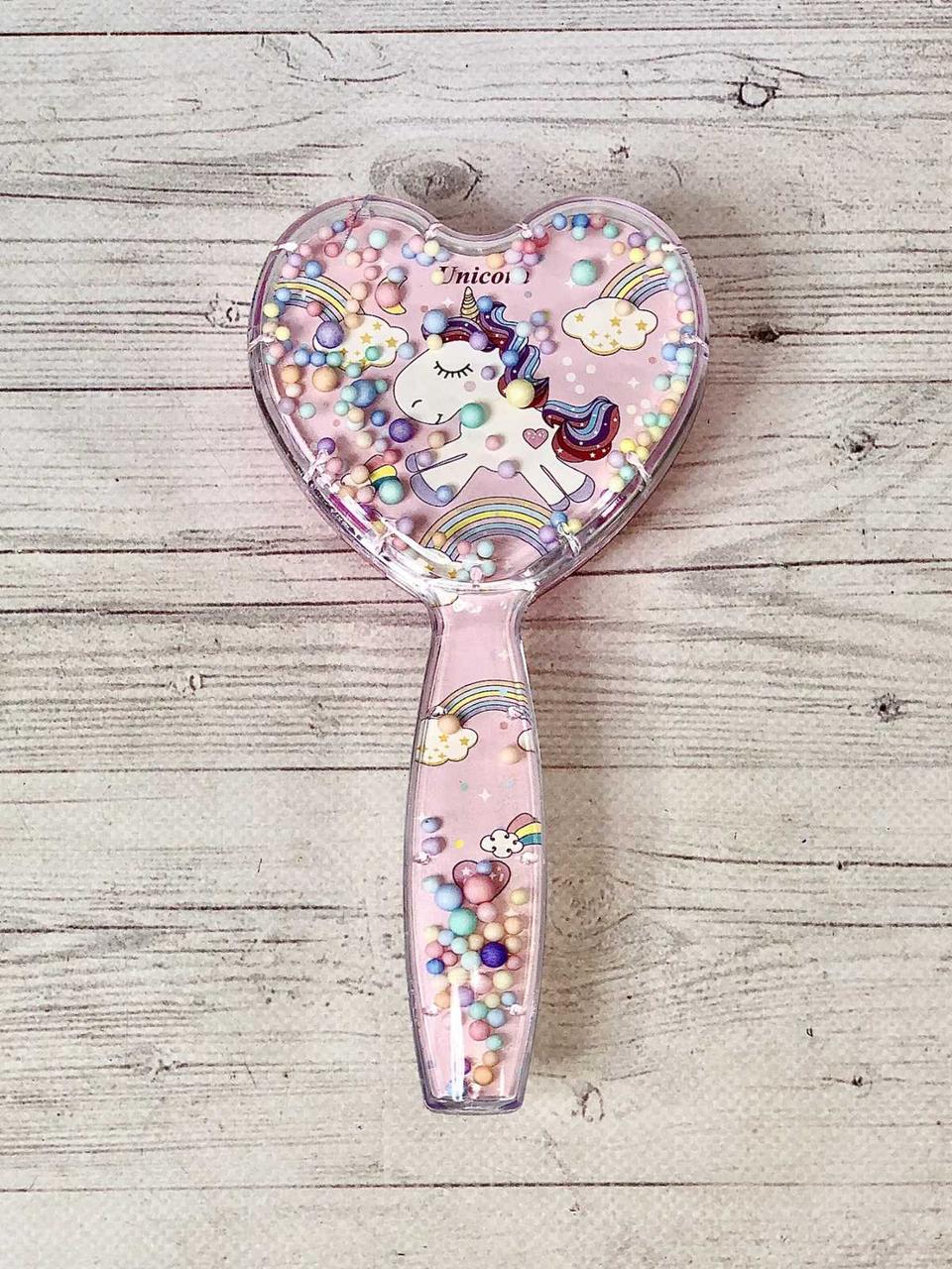 Гребінець-щітка для волосся "Серце" з насипним декором (єдиноріг, 18см), фото 1