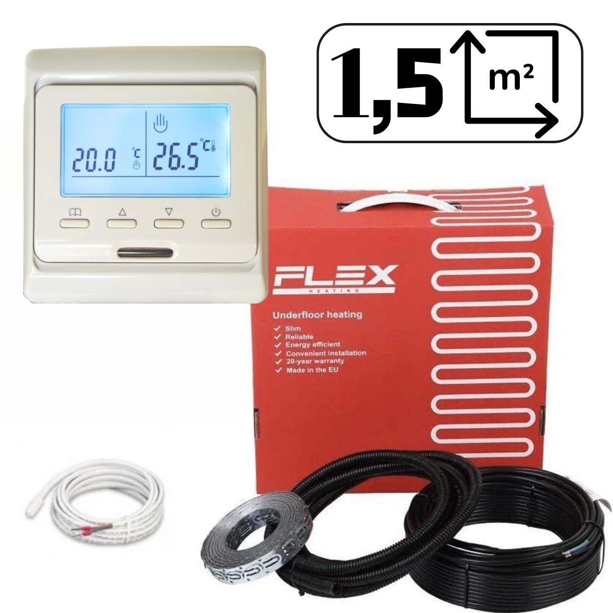 Тепла підлога електрична Flex 1,5м2 - 1,8м2/ 262.5 Вт (15м) нагрівальний кабель з програмованим терморегулятором E51, фото 1