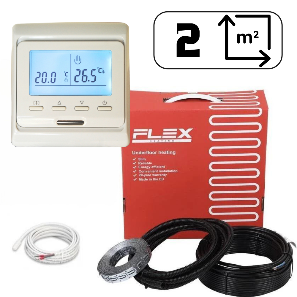 Опалення і тепла підлога Flex 2м2 - 2,4м2/ 350Вт (20м) нагрівальний кабель з програмованим терморегулятором E51