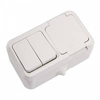 Вимикач подвійний і розетка із заземленням із кришкою вологозахисна МЕРА