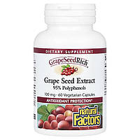 Екстракт виноградних кісточок, 100 мг, GrapeSeedRich, Grape Seed Extract, Natural Factors, 60 вегетаріанських капсул