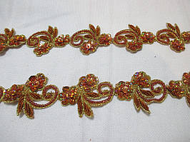 Тесьма зі стразами Хвилька з квітами 4см. Оранжева Тесьма со стразами