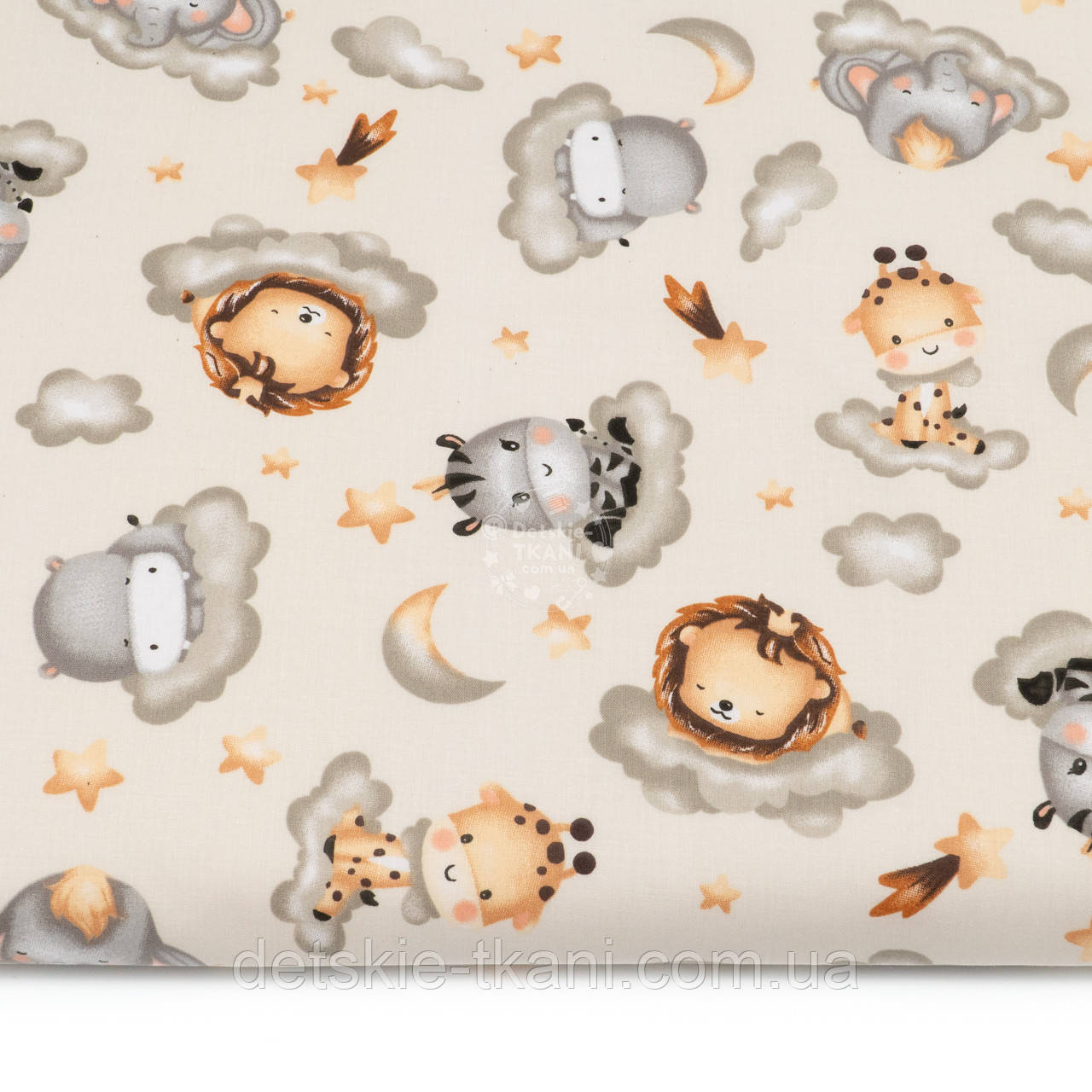 Бязь "Звірі на грейдж хмарах і падаючі зірки на світло-бежевому тлі", №5182, фото 1