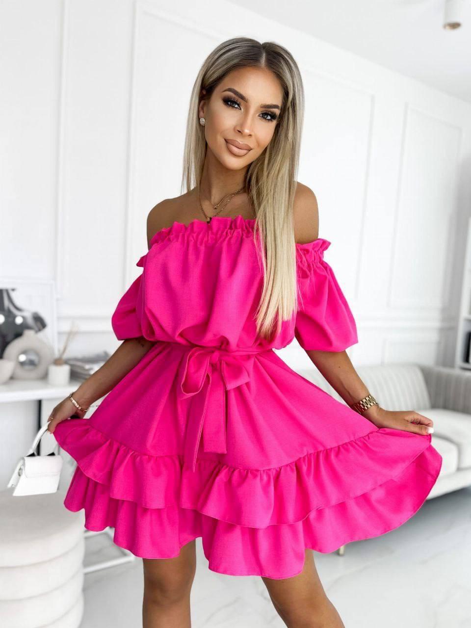 Сукня жіноча літня коротка рукав-ліхтарик вільна з оборкою повсякденна молодіжна малинова