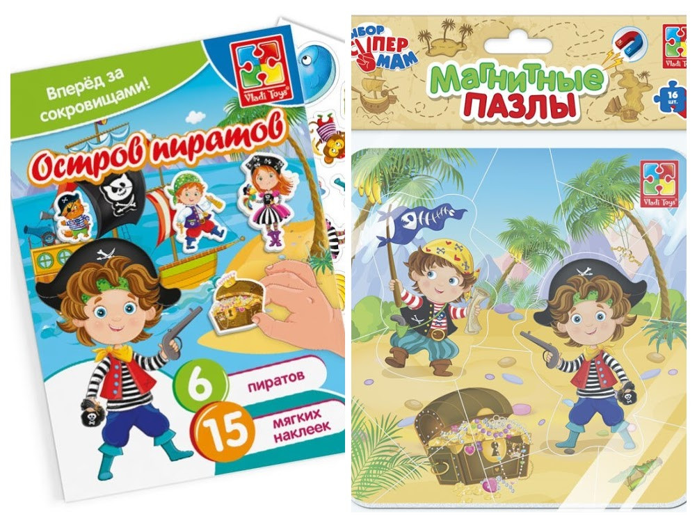 Комплект ігор Vladi Toys. М'які наклейки VT4206-34 + магнітні пазли — мозаїка VT3204-09 ОСТРІВ ПІРАТІВ, фото 1