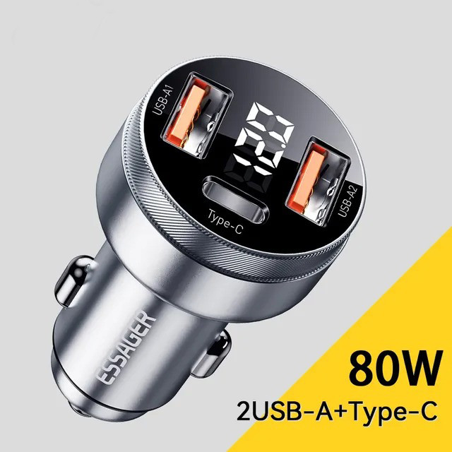 Автомобільний зарядний пристрій у прикурювач ESSAGER ES-CC10 (80 Вт, два порти USB +Тип-C), фото 1