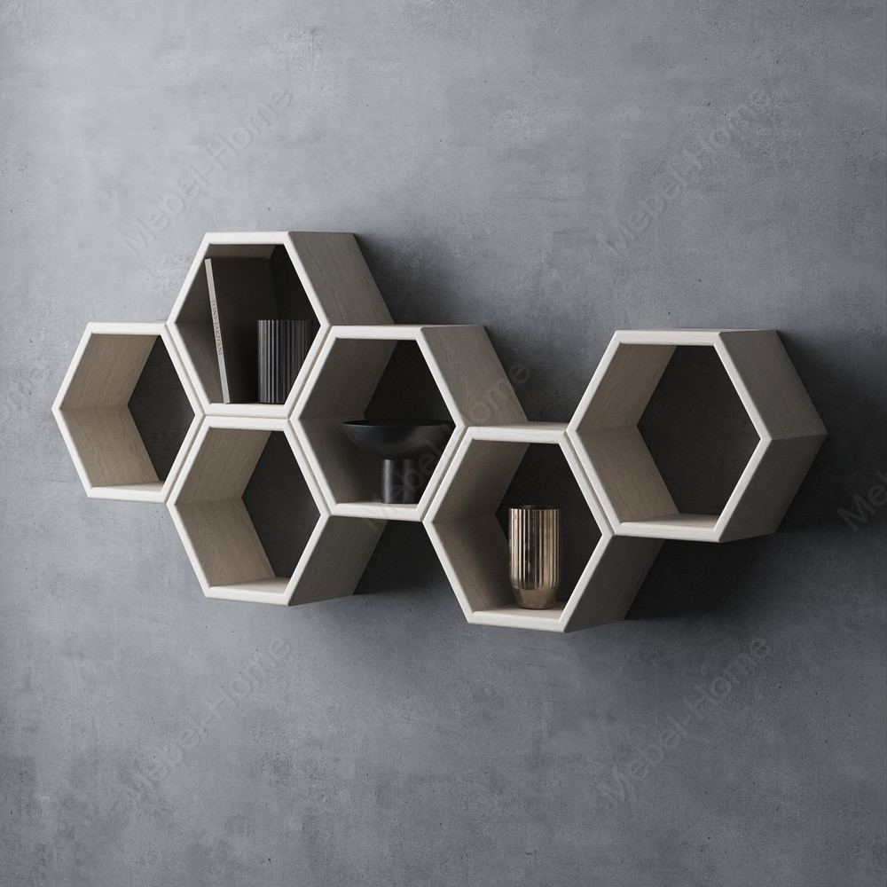 Настінна полиця сота для декору спальні з натуральної сосни, навісні полиці в офіс, полиця на стіну 6 осередків, фото 1