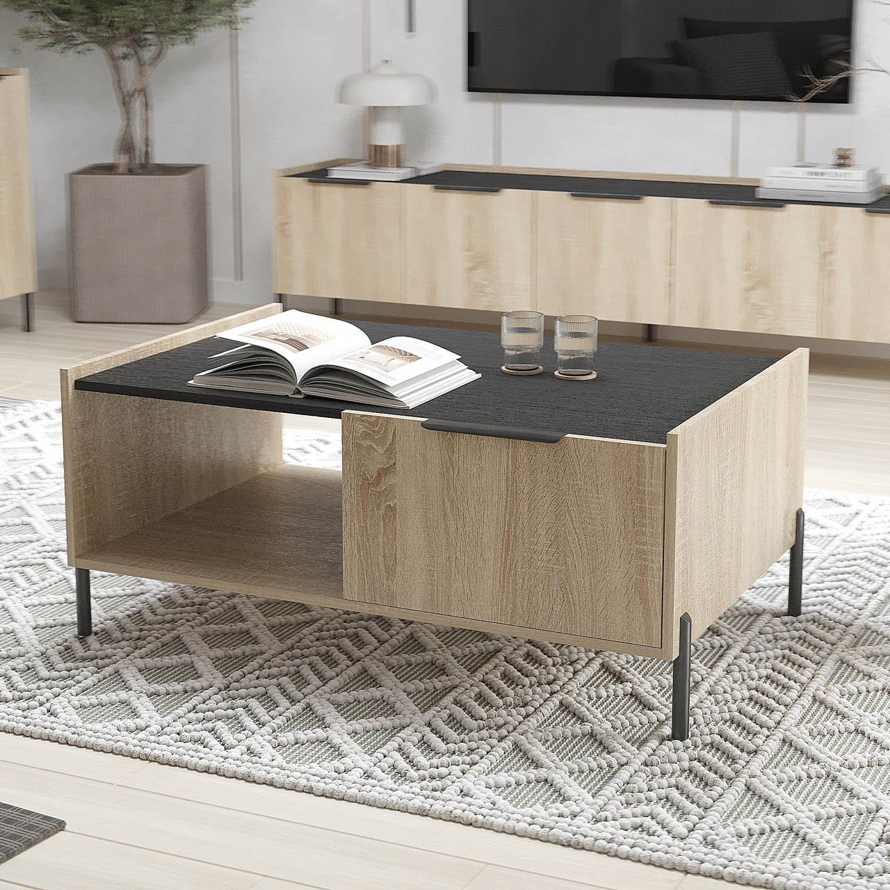 Журнальний столик Ларго з ящиком 460*1040*680 мм Дуб Сонома/МОРСЬКЕ ДЕРЕВО КАРБОН, фото 1