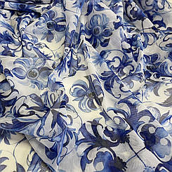 Сітка майоліка принт синя пружна еластична 150 см.