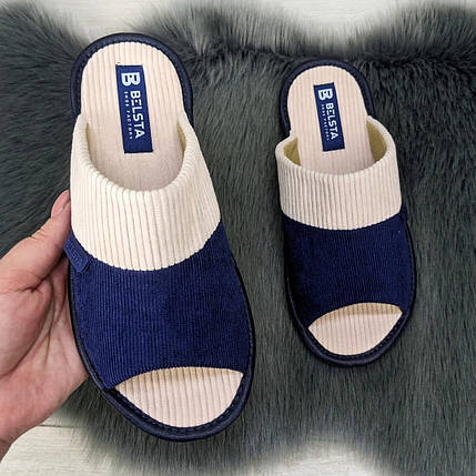 Тапочки жіночі кімнатні Белста з відкритим носком вельветові сині з бежевим 2633-2, фото 1