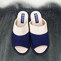 Тапочки жіночі кімнатні Белста з відкритим носком вельветові сині з бежевим 2633-2, фото 4