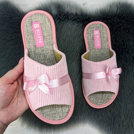 Тапочки жіночі домашні Белста з відкритим носком вельветові рожеві 2851, фото 1