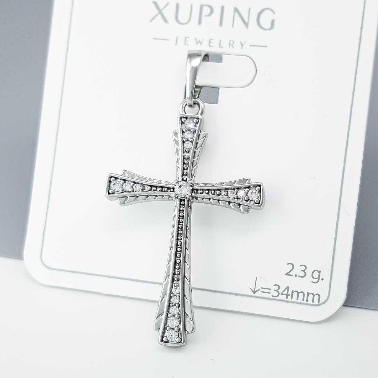 Хрест "Класика" з різьбленням та цирконієм, медичне золото Xuping, родій, фото 1