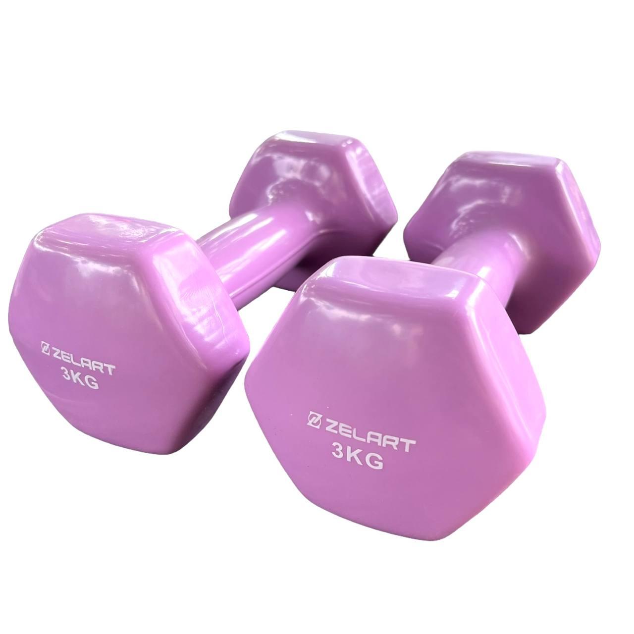 Гантелі вінілові, пара по 3 кг, загальна вага 6 кг, для фітнесу, бузкові