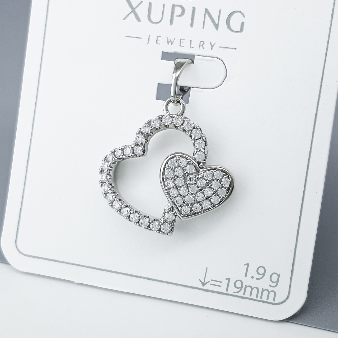 Кулон "Два Серця" з розсипом цирконію, медичне золото Xuping, родій, фото 1