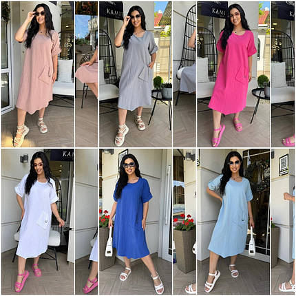 Літнє плаття з короткими рукавами міді тканина льон батальні розміри, фото 1