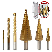 Набір ступеневих і фрезерувальних свердел із титановим покриттям 6 штук у кейсі