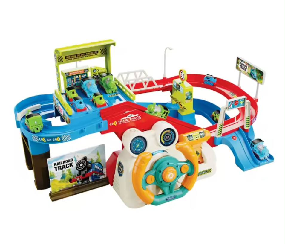 Трек для машинок (звук, підсвічування, електрична конвеєрна стрічка, 4 поїзди, в коробці) T 922 A