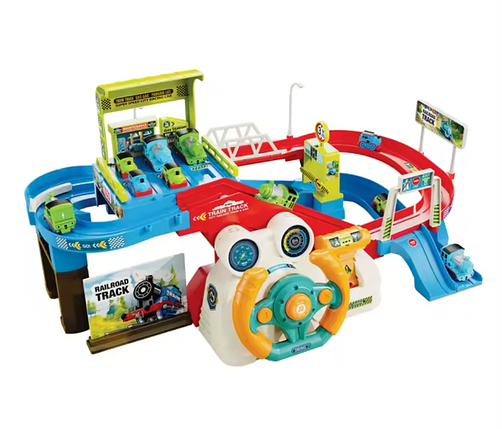 Трек для машинок (звук, підсвічування, електрична конвеєрна стрічка, 4 поїзди, в коробці) T 922 A, фото 1