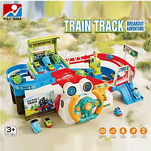 Трек для машинок (звук, підсвічування, електрична конвеєрна стрічка, 4 поїзди, в коробці) T 922 A, фото 3