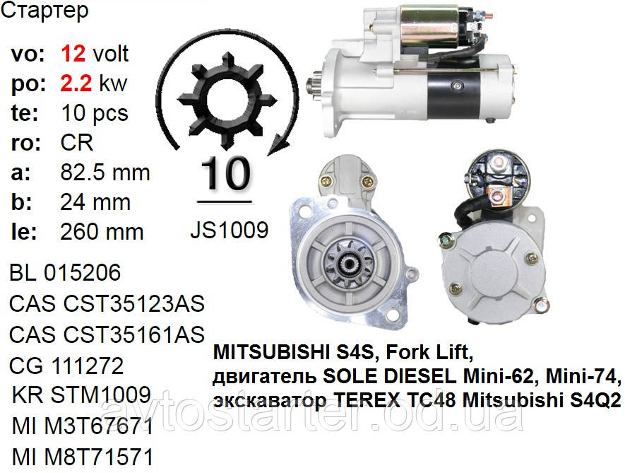 Стартер MITSUBISHI S4S Fork Lift двигатель SOLE DIESEL Mini-62 Mini-74 экскаватор TEREX TC48 Mitsubishi S4Q2 - фото 1 - id-p422760335