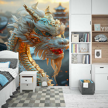 Дитячі Фото Шпалери з драконом "Золотисто-блакитний дракон" - Будь-який розмір! Читаємо опис!