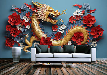Дитячі Фото Шпалери з драконом "Золотий дракон у квітах" - Будь-який розмір! Читаємо опис!