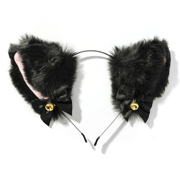 Вушка на обручі Чорні пухнасті з бубонцями | Black fluffy with bells