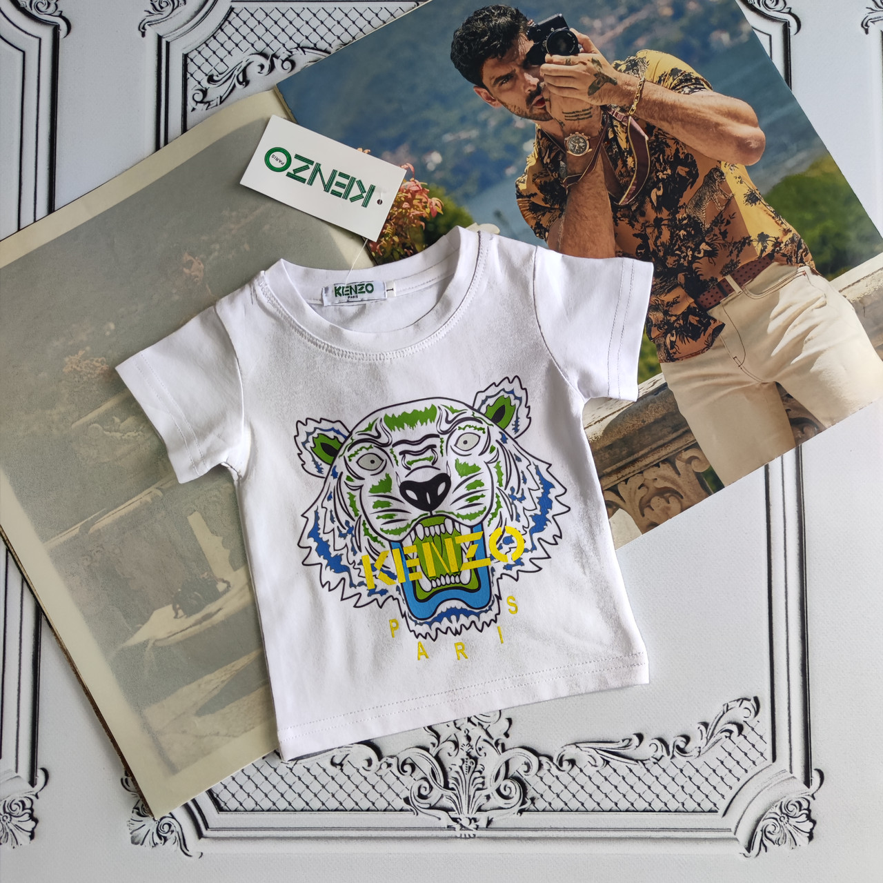 Біла дитяча футболка з тигром Кензо