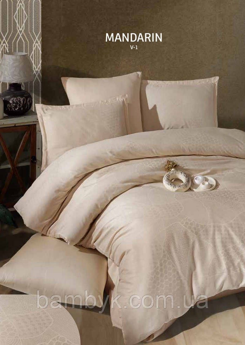 Постільна білизна Clasy Exclusive "Mandarin V1" сатин-жаккард преміум євро-розміру бавовняний кремовий
