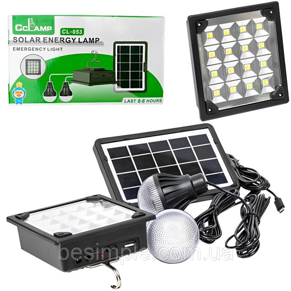 Ліхтар із сонячною батареєю + 2 лампочки Solar energy lamp CL-053 / Акумуляторний ліхтар з повербанком, фото 1