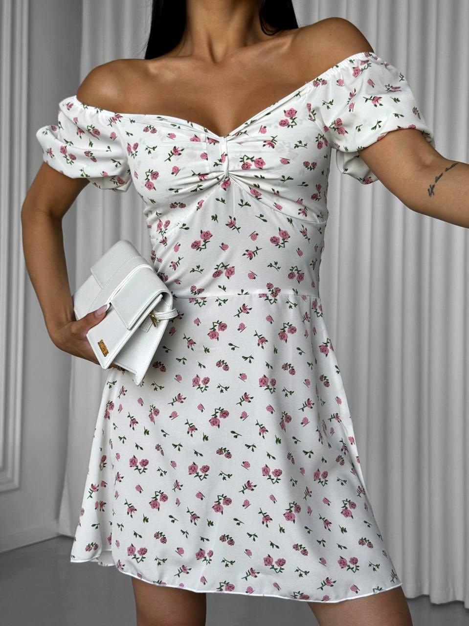 Миле жіноче легке біла міні сукня вільного крою із софту у квітковий принт із регульованим верхом, фото 1
