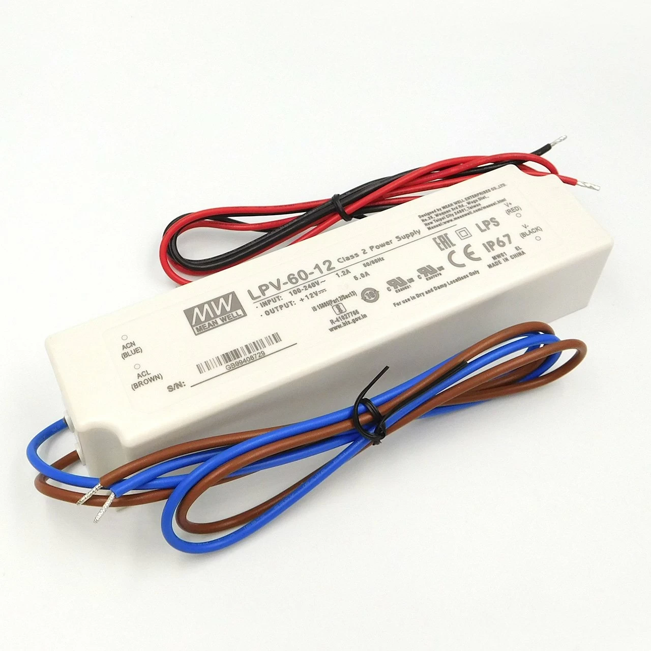 Блок живлення герметичний Mean Well 60W 12V 5A IP67 LPV-60-12