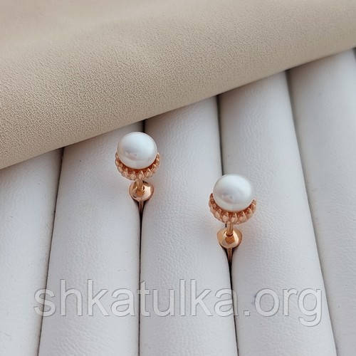 Сережки вкрутки із золота з білими круглими перлами 3.47, фото 1
