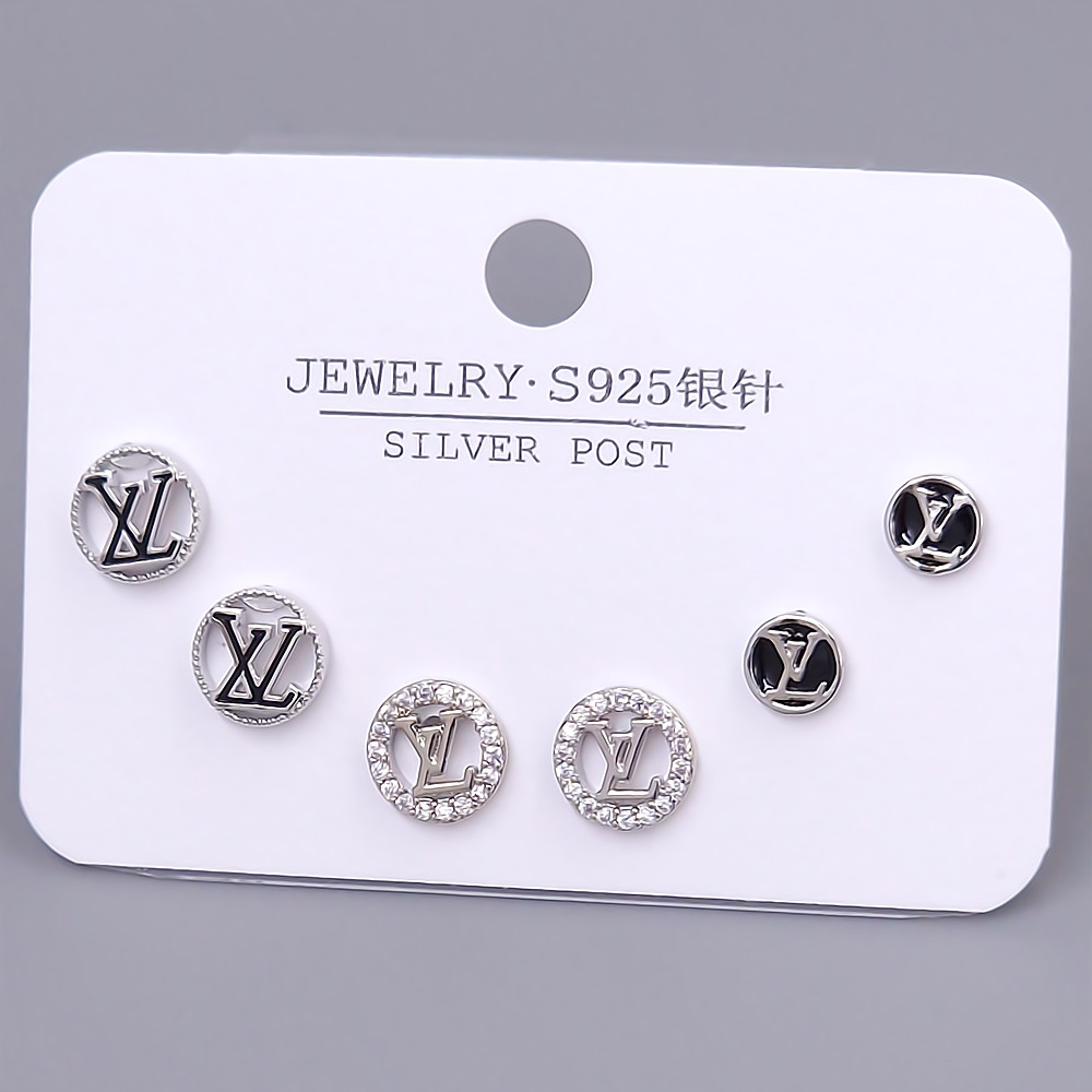 Набір із 3-х пар сережок-гвоздиків FJ. Родій. Камені: білий циркон